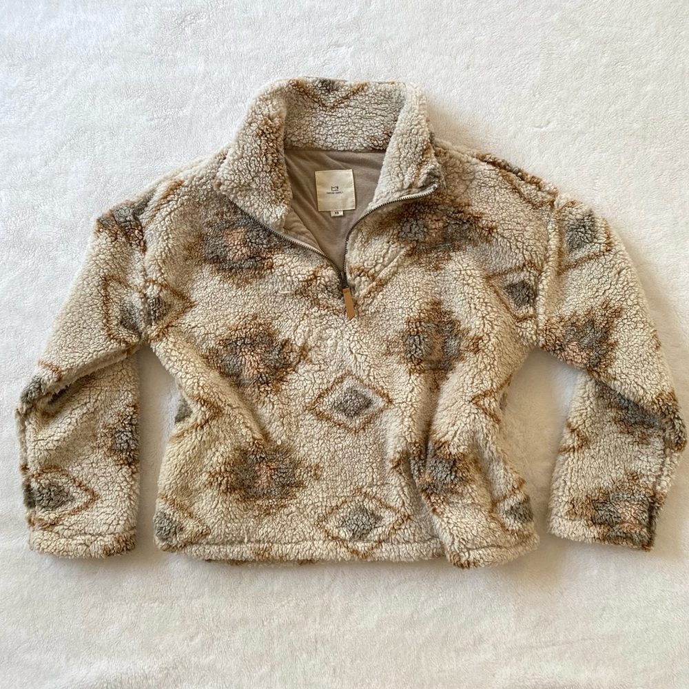 WORN ONCE Thread & Supply Cream Color Aztec Print Sherpa Fleece Pullover Jacket